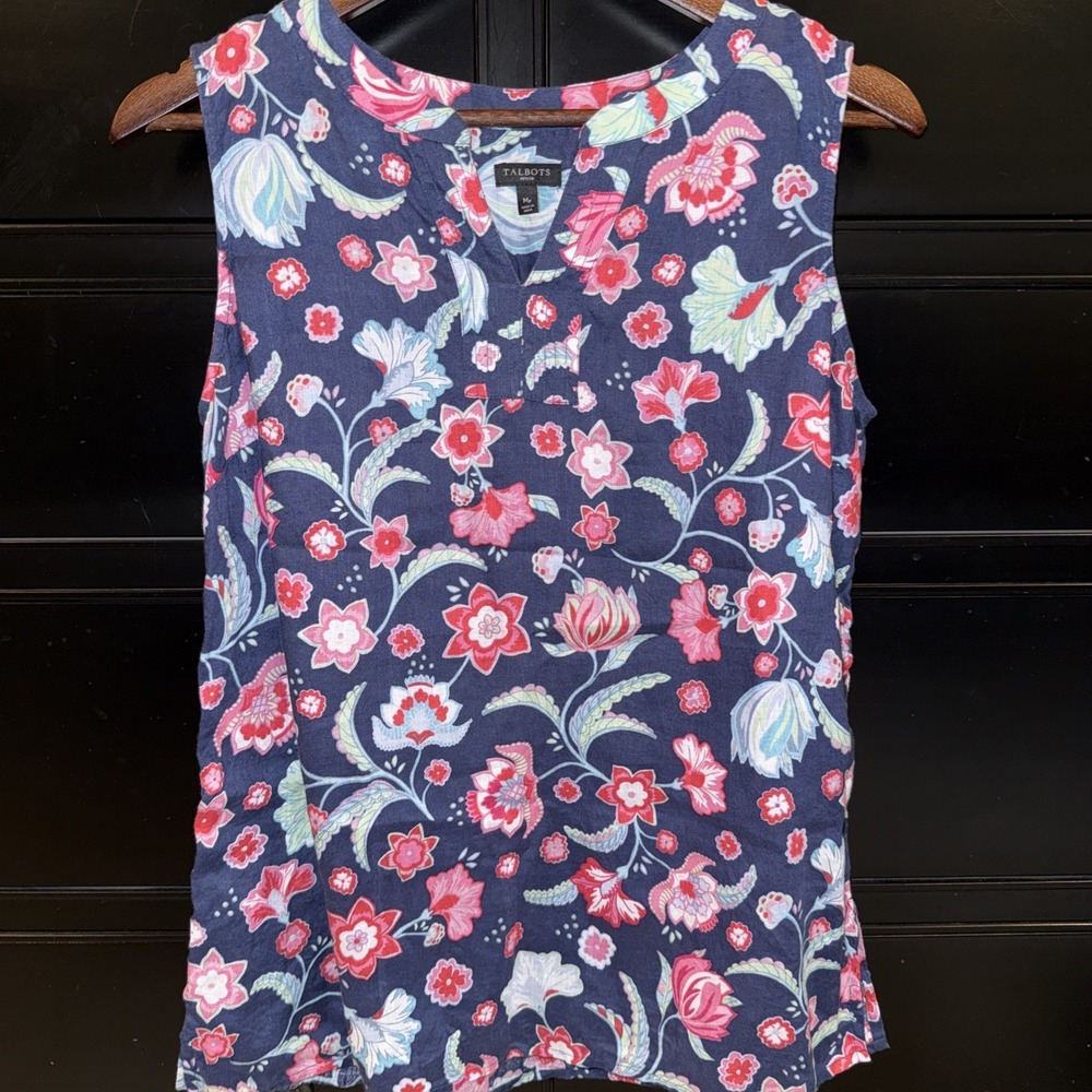 Talbots Petite Women's Split‎ Neck Linen Shell Tank MP Navy Pink "Tossed Floral"